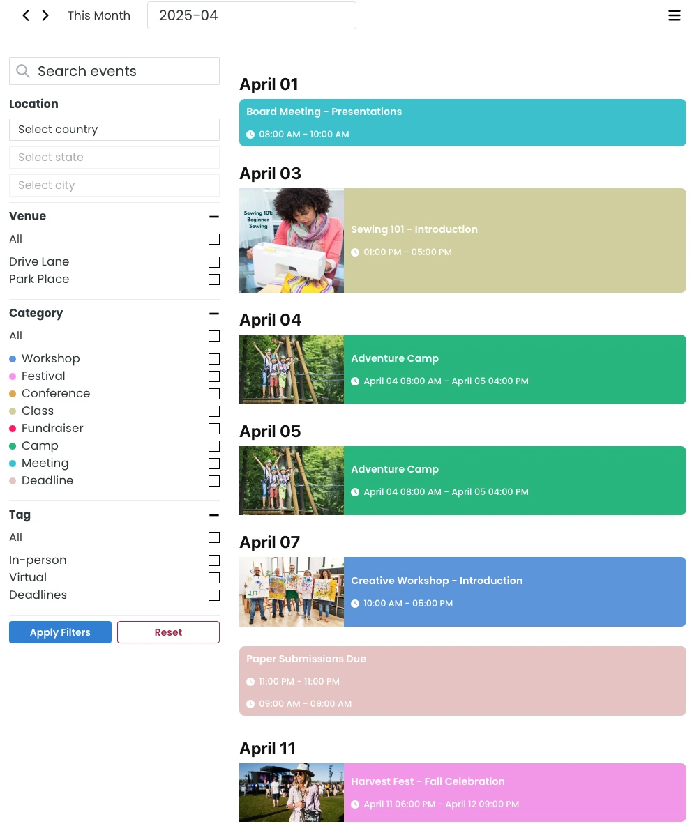 Calendar+ Agenda View Desktop with Filters.